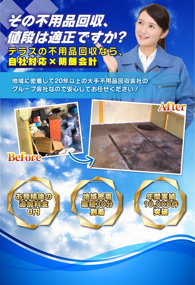 その不用品回収、値段は適正ですか？ テラスの不用品回収なら、自社対応×明朗会計 地域に密着して20年以上の大手不用品回収会社のグループ会社なので安心してお任せください! ・お見積り後の追加料金0円・地域密着最短30分到着・年間実績10,000件突破